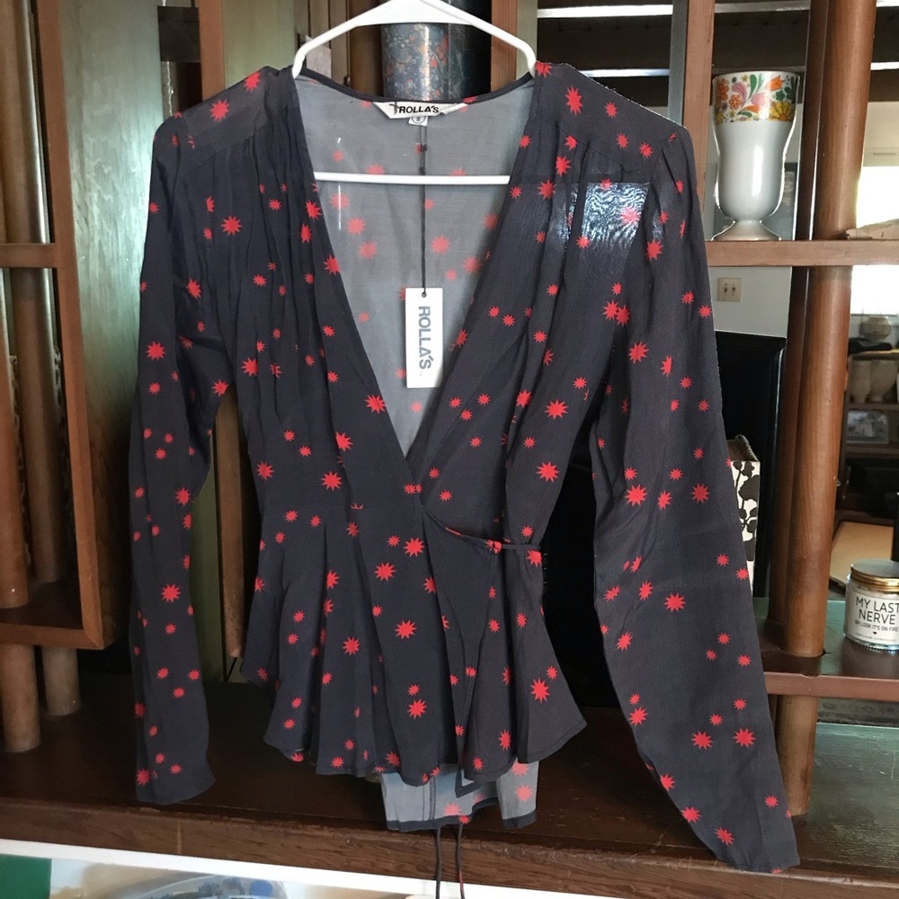 ROLLA'S Black and Red Star Pattern Wrap Long sleeve blouse Small NWT